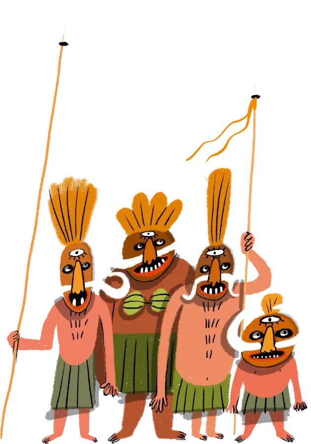 Illustration: four masked figures with spears