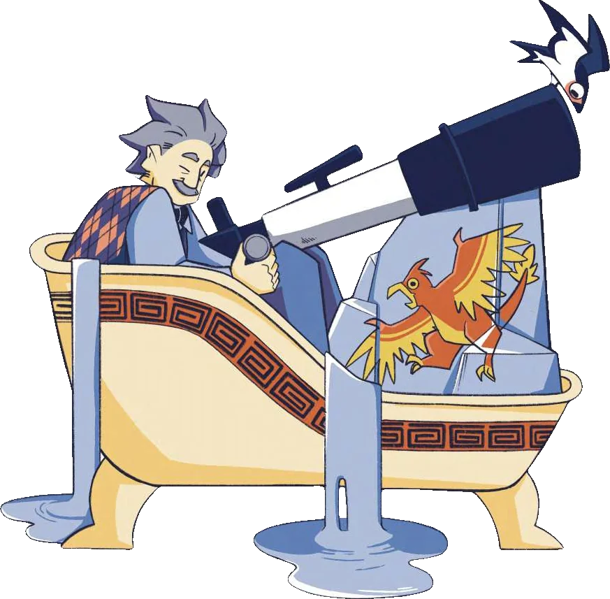 A professor in a bathtub looks through a telescope while a phoenix is frozen in ice beside him