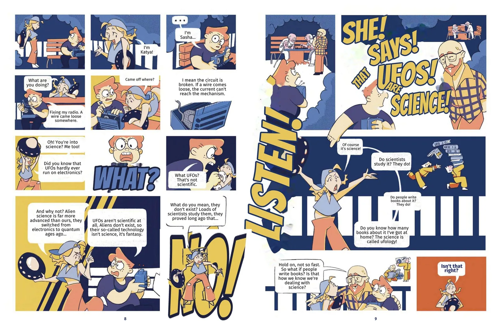 Book spread, pages 8 and 9: two children and a grandfather argue about whether UFOs are science