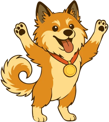 Ron the dog celebrating with a medal